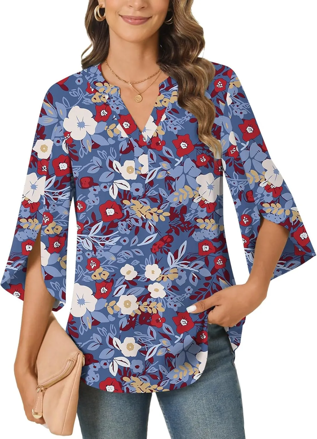 Anyally Women's Chiffon Blouses 3/4 Sleeve Summer Dressy Tunic Tops Casual Loose V Neck T-Shirts