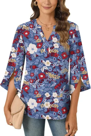 Anyally Women's Chiffon Blouses 3/4 Sleeve Summer Dressy Tunic Tops Casual Loose V Neck T-Shirts