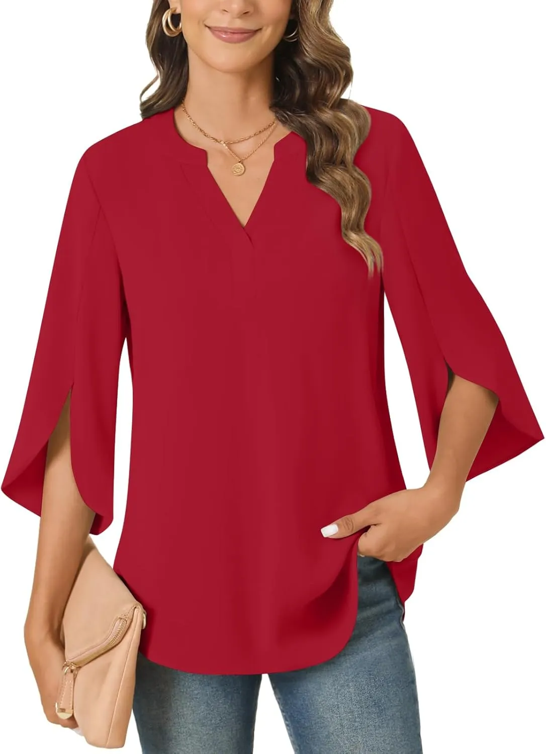 Anyally Women's Chiffon Blouses 3/4 Sleeve Summer Dressy Tunic Tops Casual Loose V Neck T-Shirts