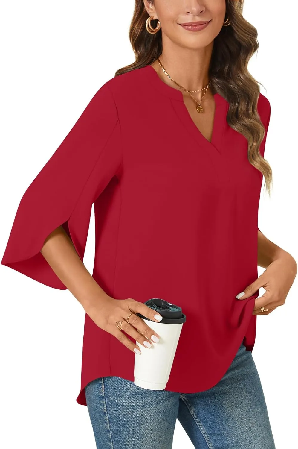 Anyally Women's Chiffon Blouses 3/4 Sleeve Summer Dressy Tunic Tops Casual Loose V Neck T-Shirts