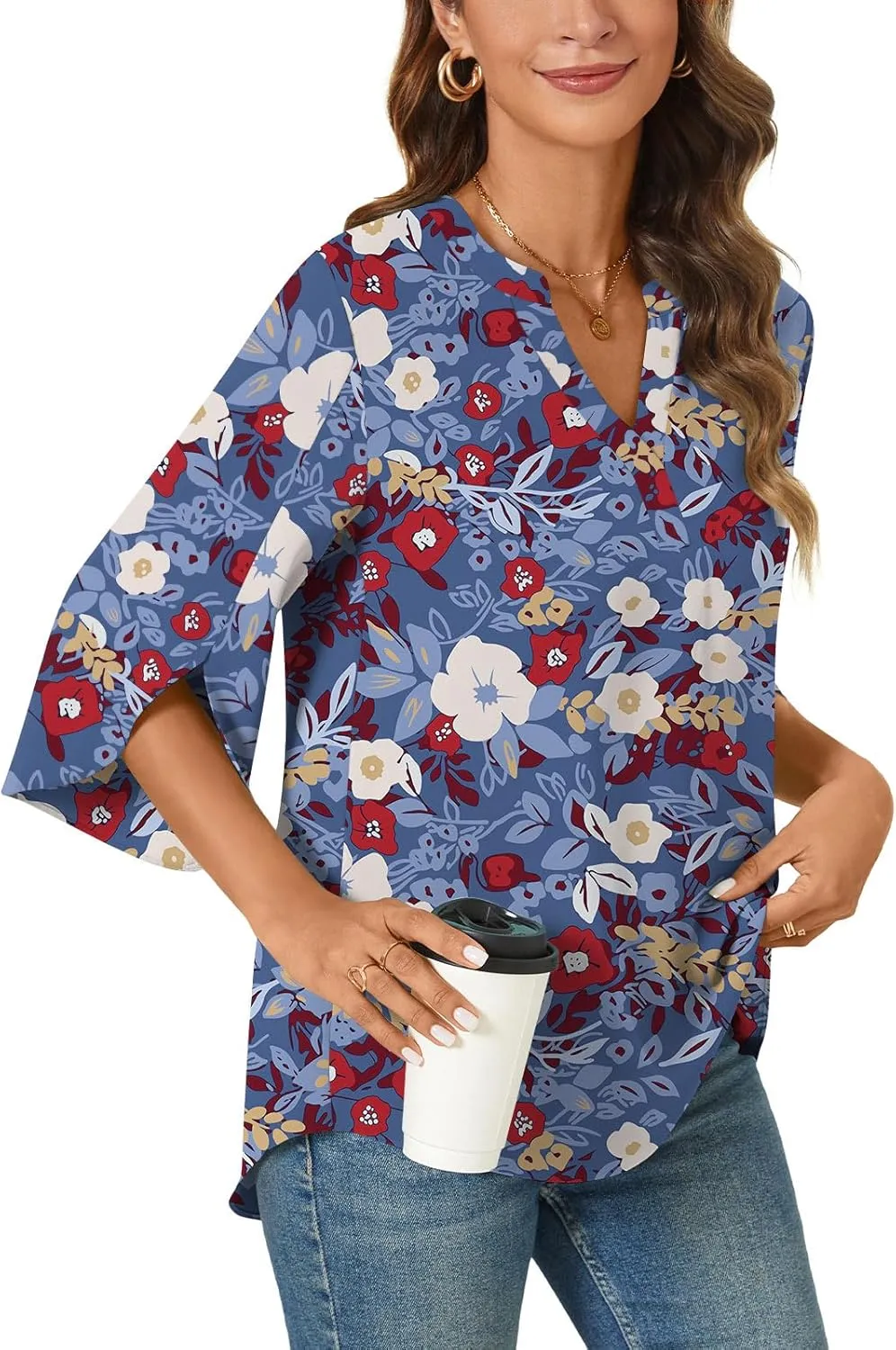 Anyally Women's Chiffon Blouses 3/4 Sleeve Summer Dressy Tunic Tops Casual Loose V Neck T-Shirts
