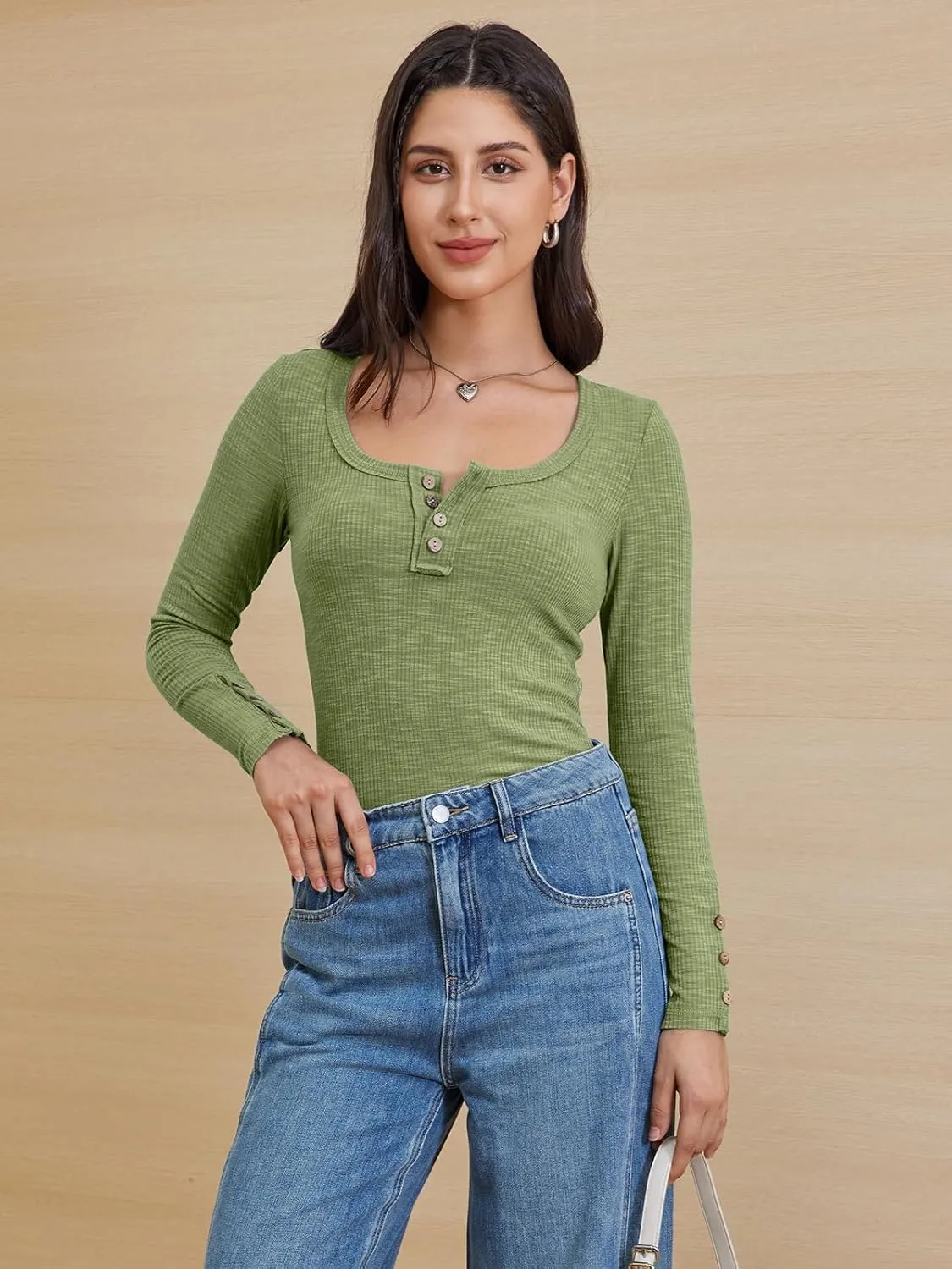ATHMILE Women's Long Sleeve Shirts Casual Fall Henley Top Button Down Blouses Basic Ribbed Knit T Shirts 2025