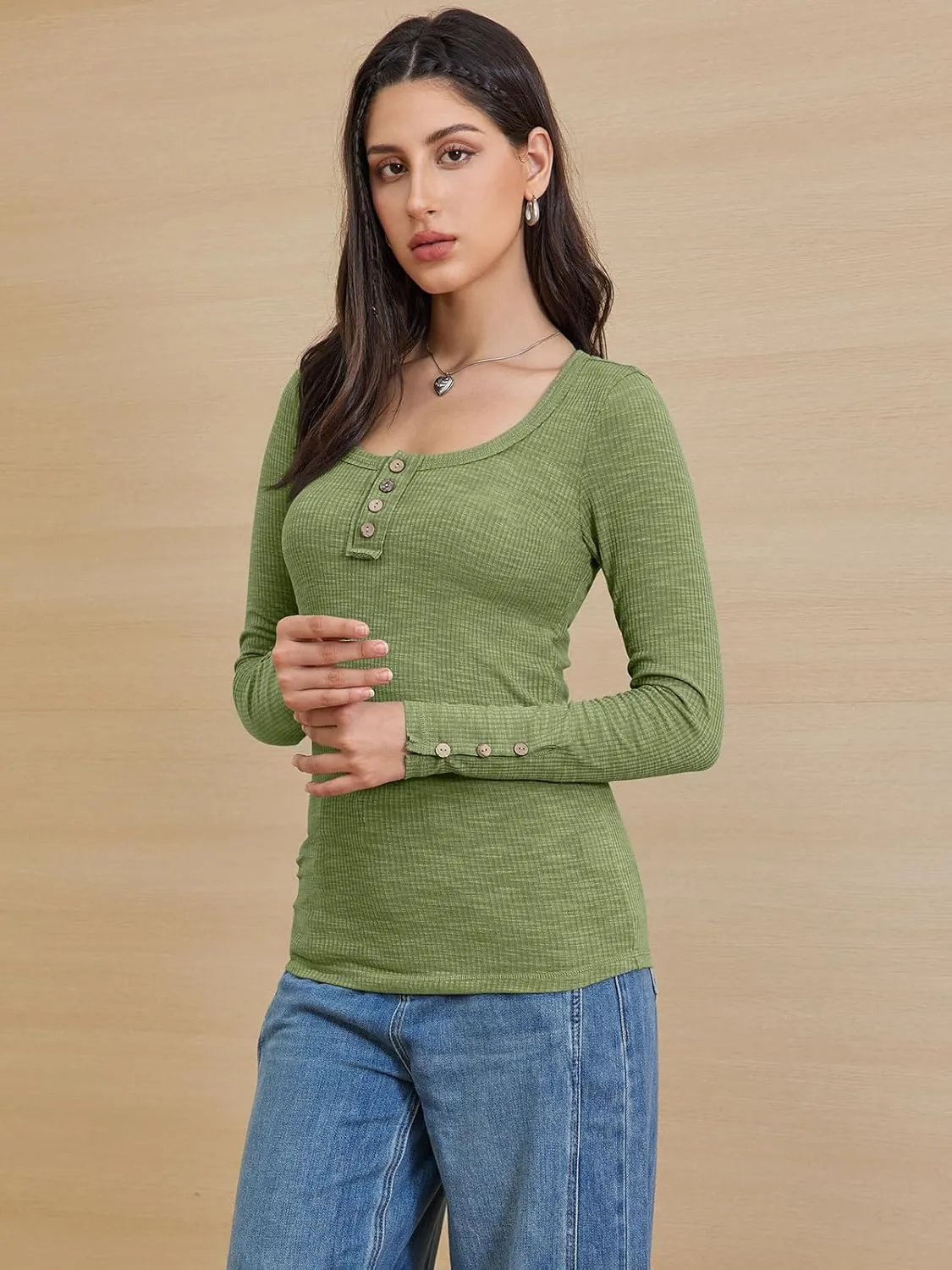 ATHMILE Women's Long Sleeve Shirts Casual Fall Henley Top Button Down Blouses Basic Ribbed Knit T Shirts 2025