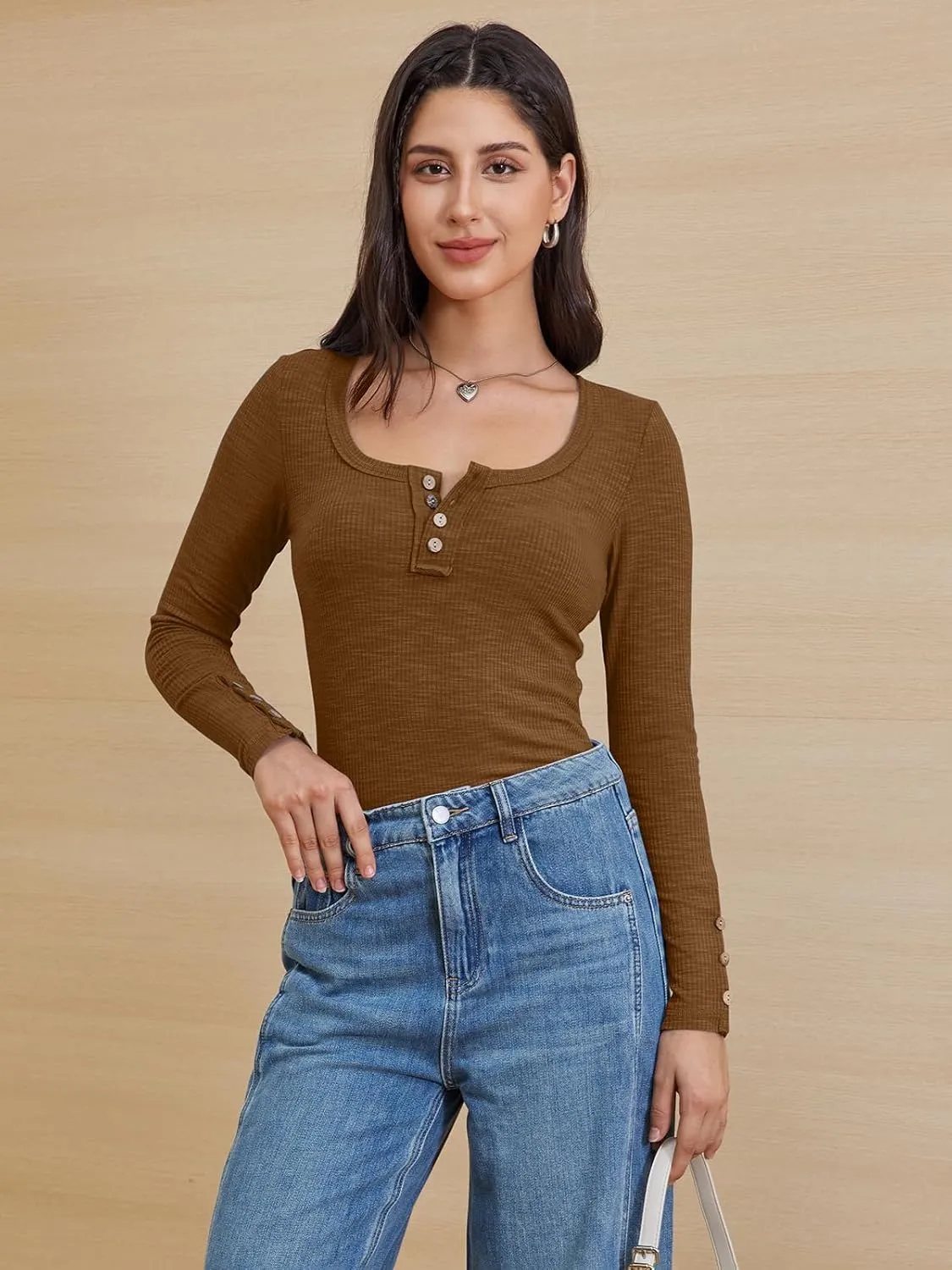 ATHMILE Women's Long Sleeve Shirts Casual Fall Henley Top Button Down Blouses Basic Ribbed Knit T Shirts 2025