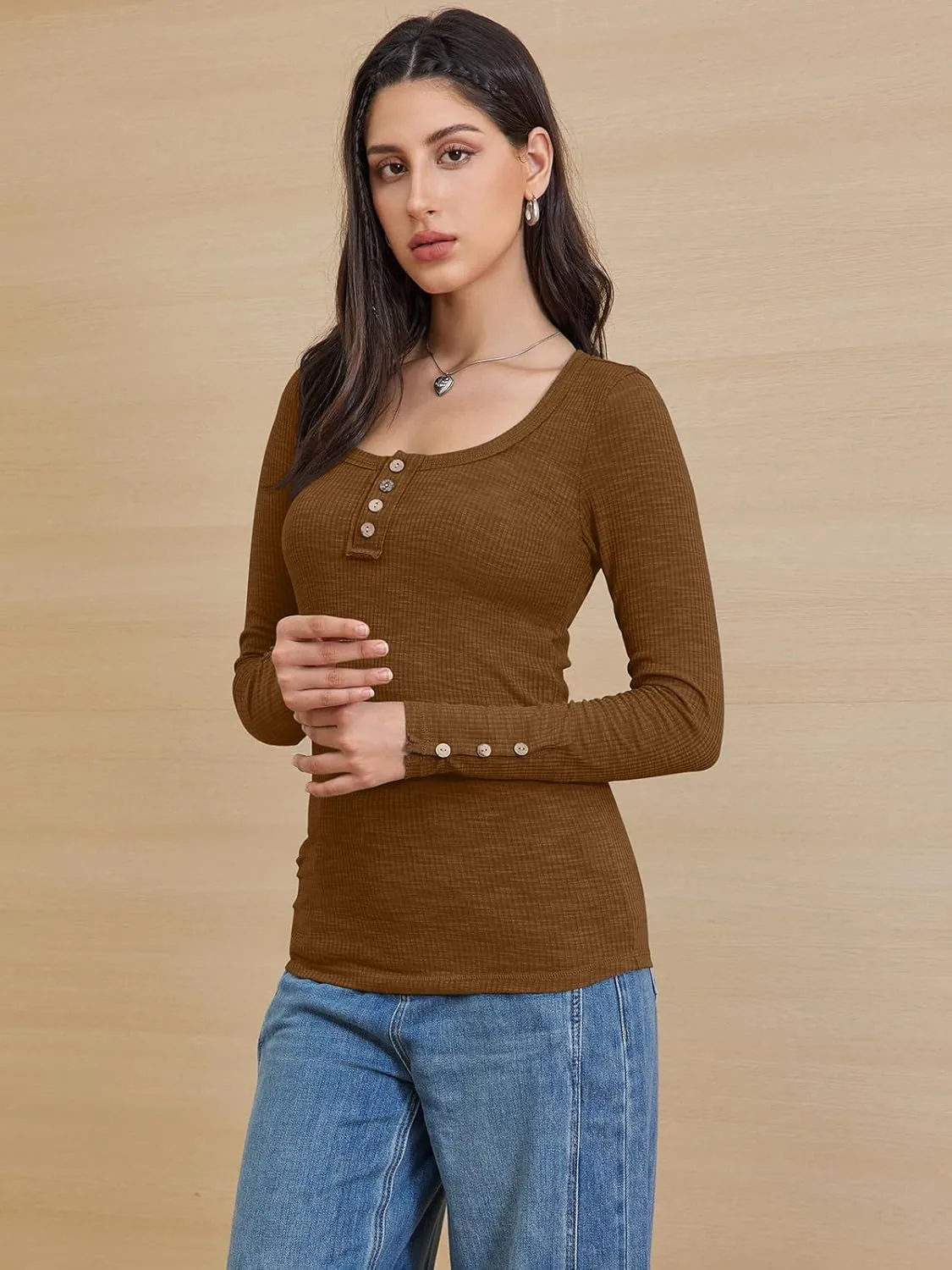 ATHMILE Women's Long Sleeve Shirts Casual Fall Henley Top Button Down Blouses Basic Ribbed Knit T Shirts 2025