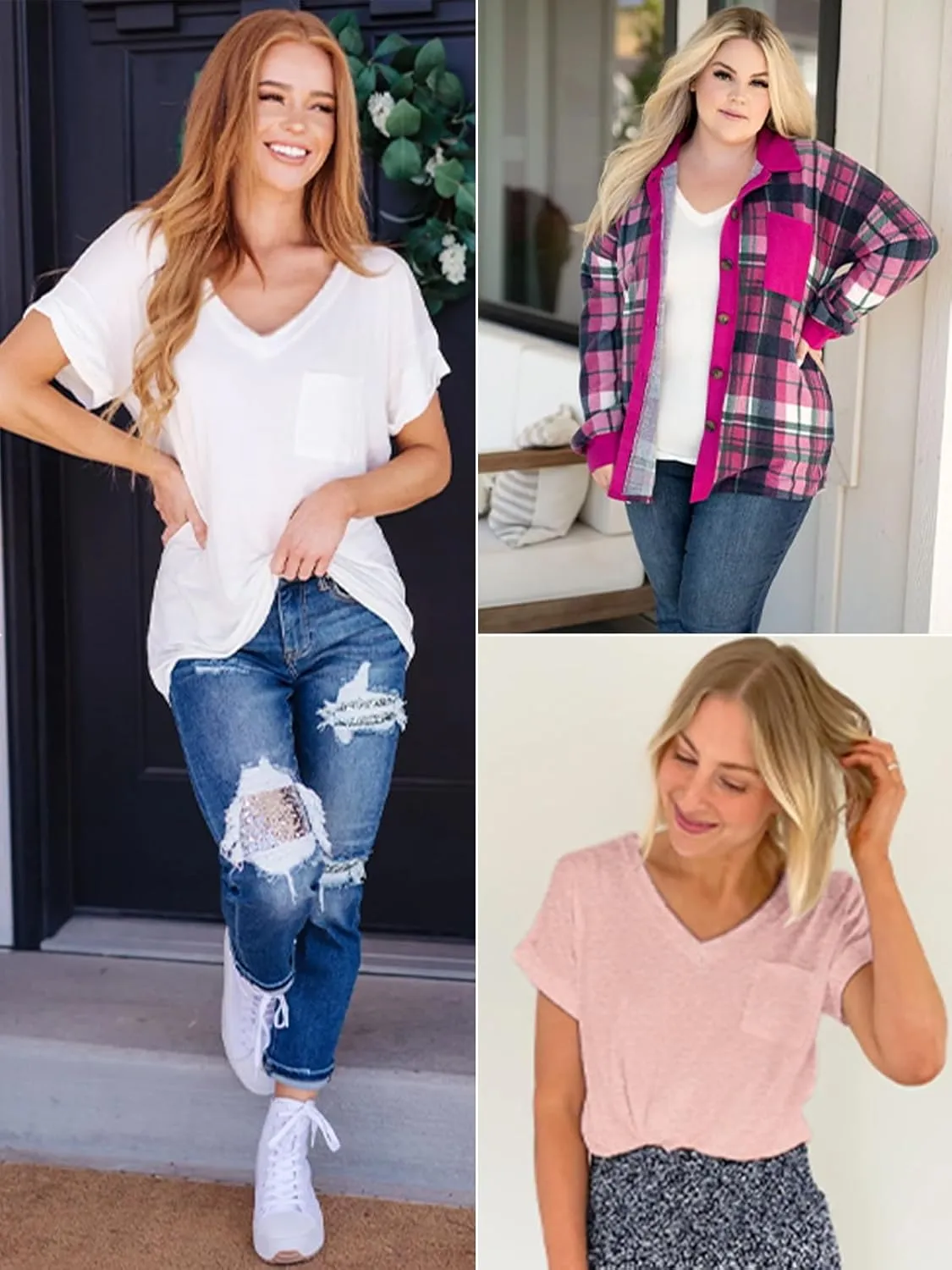 ATHMILE Womens T Shirts 2025 Short Sleeve V-Neck Shirts Cute Fit Summer Casual Tee Tops S-3XL Beach