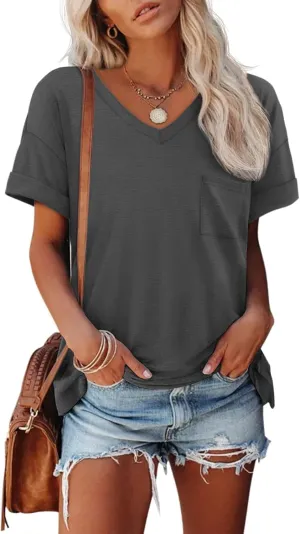 ATHMILE Womens T Shirts 2025 Short Sleeve V-Neck Shirts Cute Fit Summer Casual Tee Tops S-3XL Beach