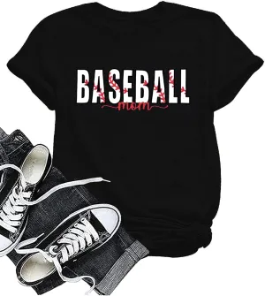 Baseball Mom Shirt Womens Mom Shirt Short Sleeve O-Neck Letter Print Casual Tops Tees