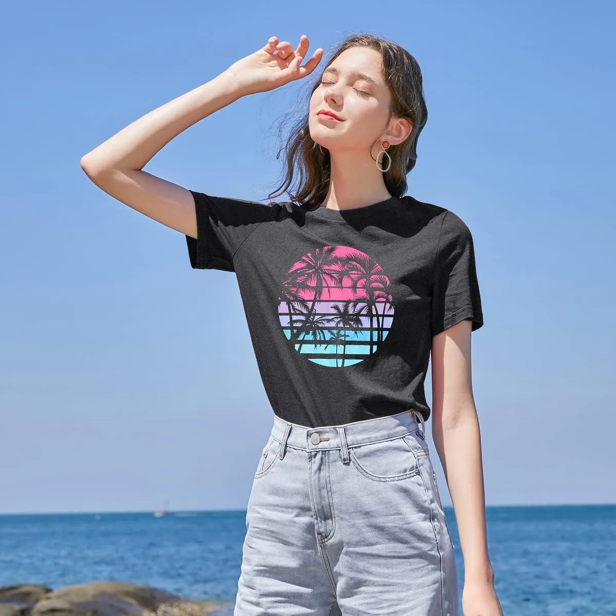 Beach Shirts for Women Coconut Trees Hawaiian Graphic Tshirt Summer Vacation Beach Tees Tops
