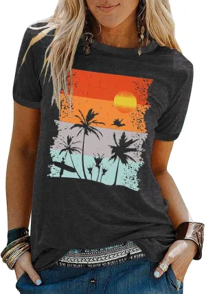 Beach Shirts for Women Hawaiian Graphic Tees Sunshine Summer Vacation Vintage Tshirt Tops
