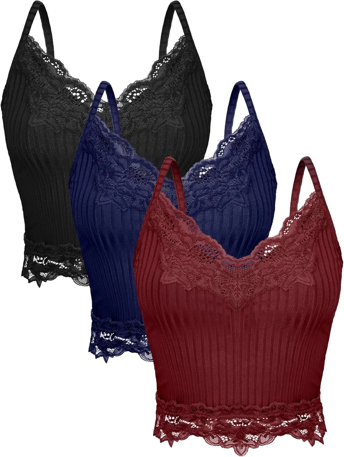 Bencailor 3 Pcs Women's Lace Tank Tops Y2k Camisole Lace Patchwork Crop Tops Grunge Style Ribbed Knitted Clothing