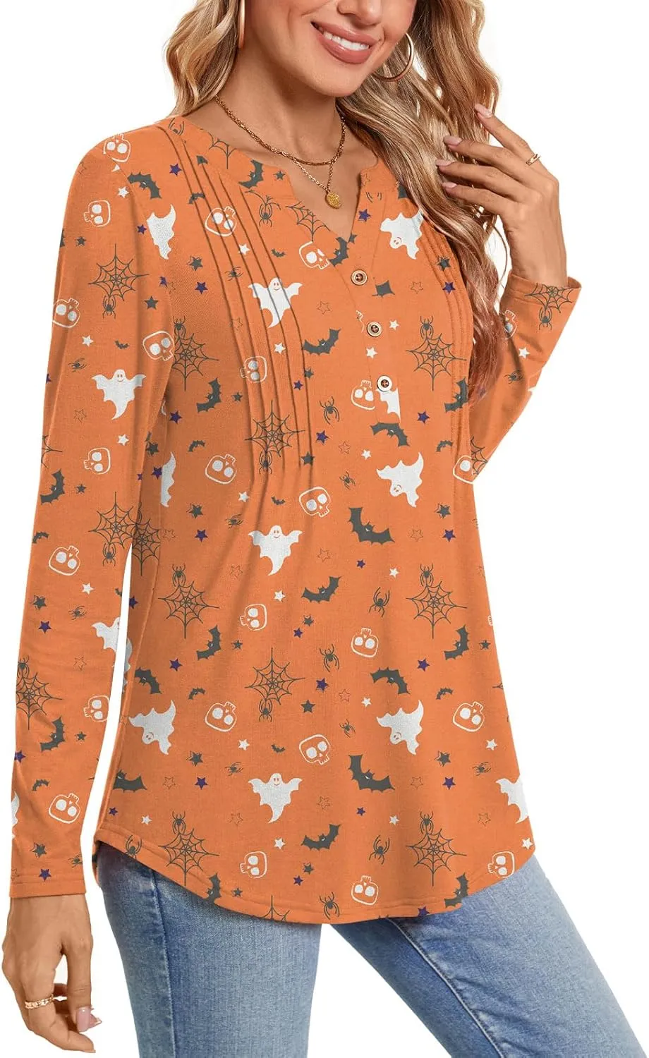 Bestbee Women's Long Sleeve Button-Down Shirts V Neck Tunic Tops 2024 Fall Tops Casual T-Shirts Dressy Blouses