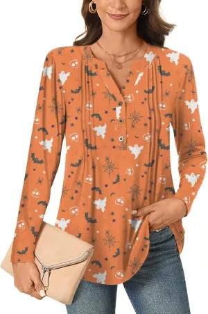 Bestbee Women's Long Sleeve Button-Down Shirts V Neck Tunic Tops 2024 Fall Tops Casual T-Shirts Dressy Blouses