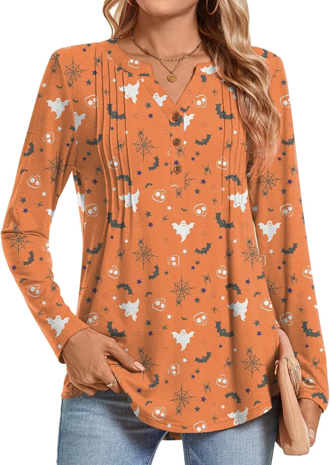 Bestbee Women's Long Sleeve Button-Down Shirts V Neck Tunic Tops 2024 Fall Tops Casual T-Shirts Dressy Blouses