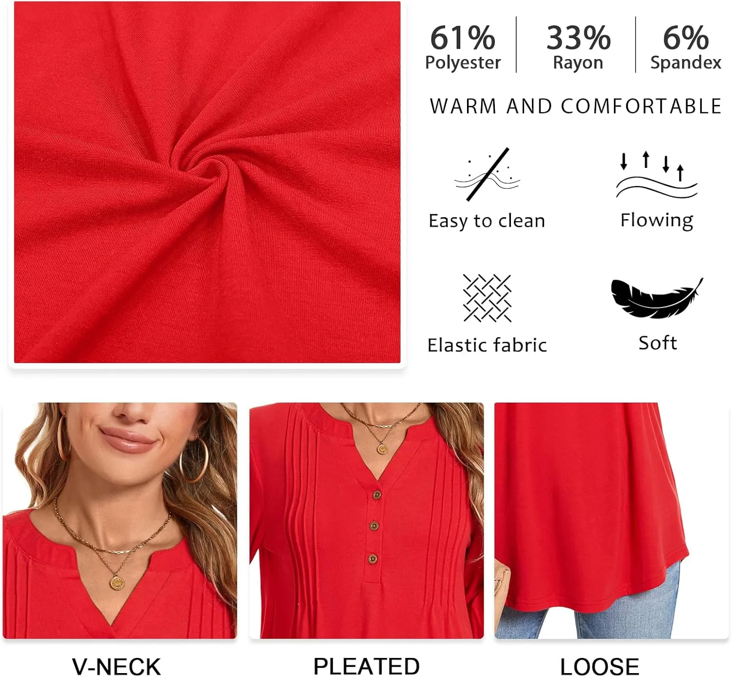 Bestbee Women's Long Sleeve Button-Down Shirts V Neck Tunic Tops 2024 Fall Tops Casual T-Shirts Dressy Blouses