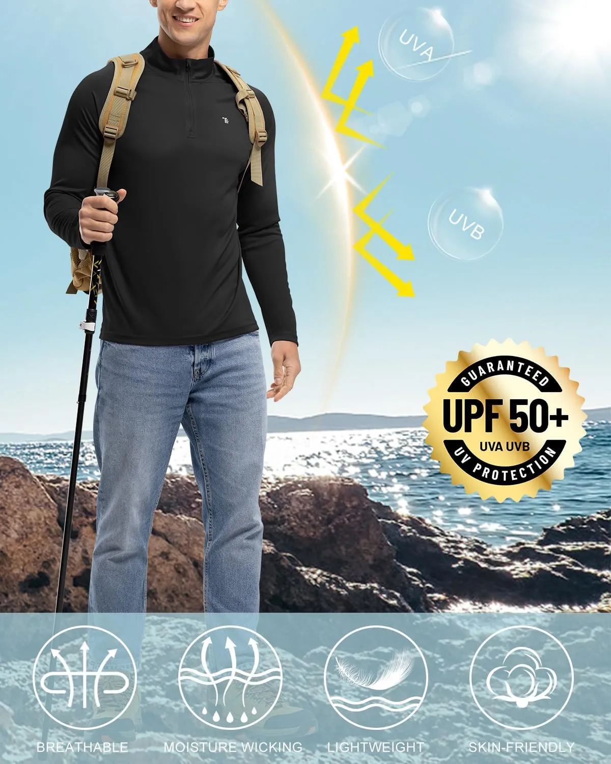 BGOWATU Men's Hiking Shirts Long Sleeve Sun Shirts UPF 50  Quarter Zip Pullover Quick Dry Rash Guard