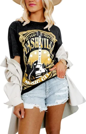 Binshre Women's Nashville T Shirts Country Music Concert Tshirts Distressed Graphic Short Sleeve Tees for Women