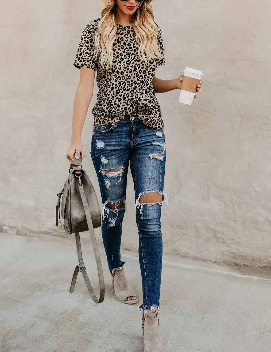 Blooming Jelly Womens Leopard Print Tops Short Sleeve Round Neck Casual T Shirts Tees