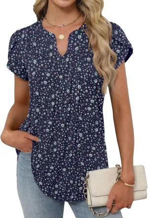 Bluetime Womens Tunic Tops Summer Dressy Casual Blouses V Neck Short Petal Sleeve T-Shirts Front Pleated Shirts for Leggings