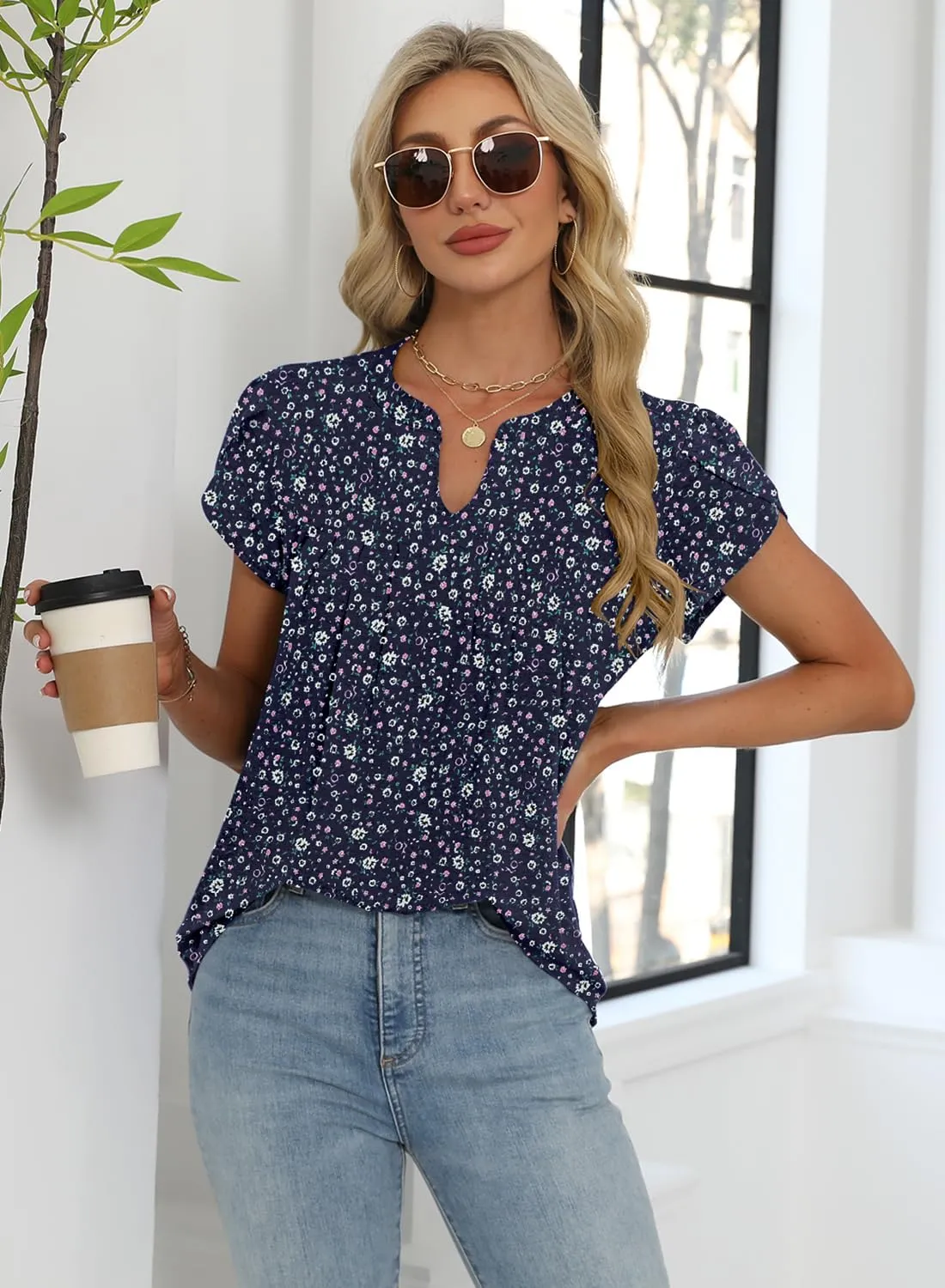 Bluetime Womens Tunic Tops Summer Dressy Casual Blouses V Neck Short Petal Sleeve T-Shirts Front Pleated Shirts for Leggings