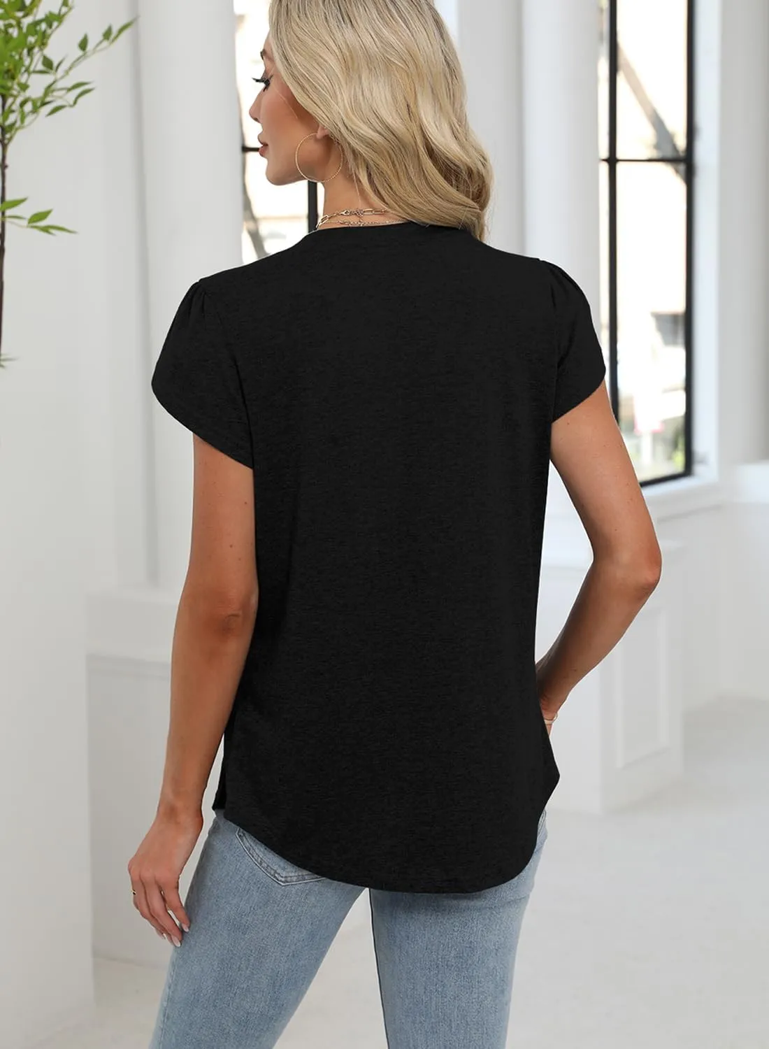 Bluetime Womens Tunic Tops Summer Dressy Casual Blouses V Neck Short Petal Sleeve T-Shirts Front Pleated Shirts for Leggings
