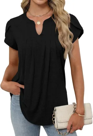 Bluetime Womens Tunic Tops Summer Dressy Casual Blouses V Neck Short Petal Sleeve T-Shirts Front Pleated Shirts for Leggings