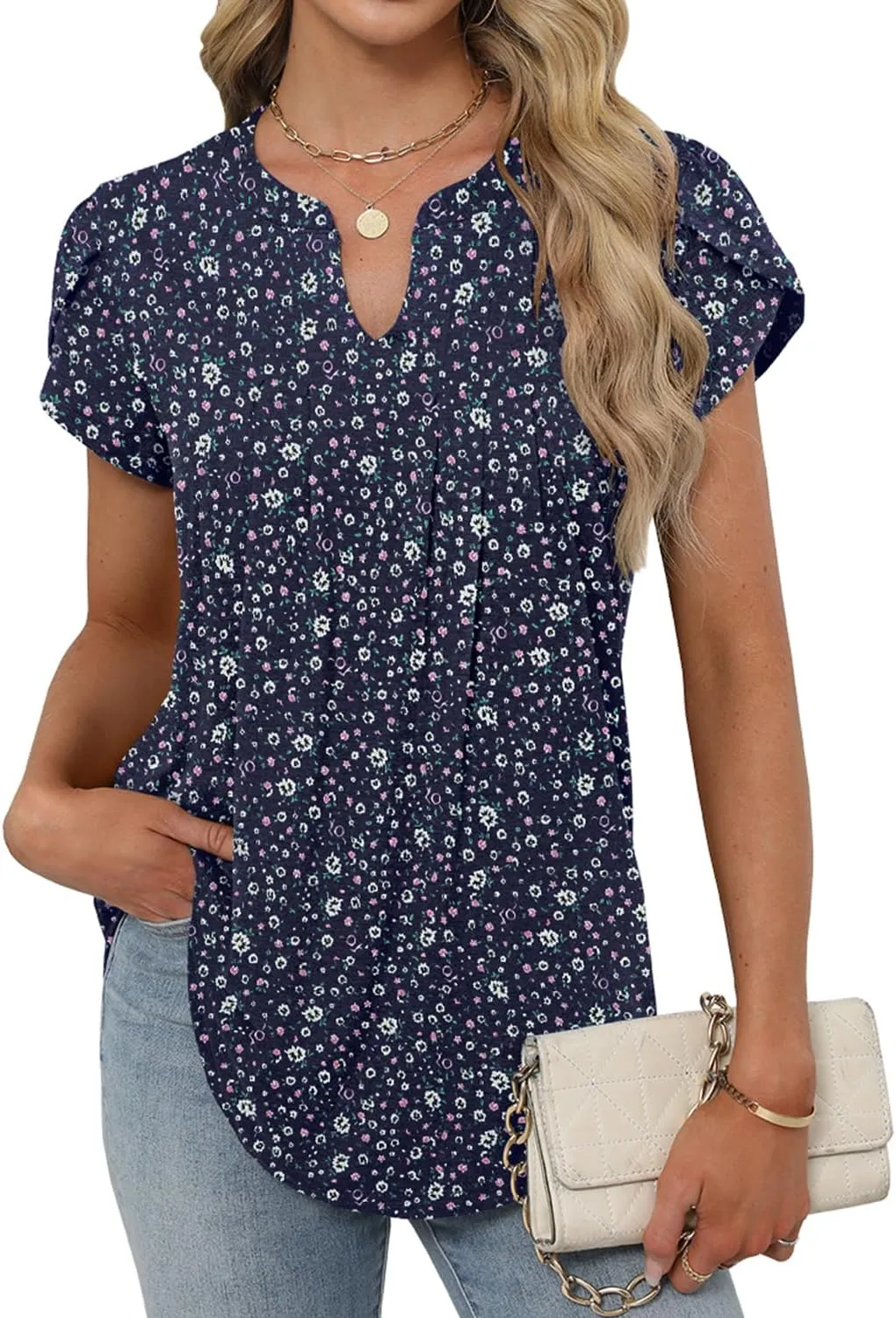 Bluetime Womens Tunic Tops Summer Dressy Casual Blouses V Neck Short Petal Sleeve T-Shirts Front Pleated Shirts for Leggings