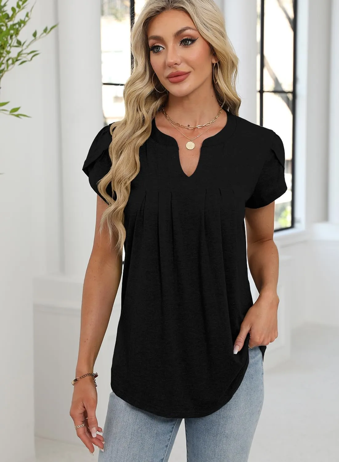 Bluetime Womens Tunic Tops Summer Dressy Casual Blouses V Neck Short Petal Sleeve T-Shirts Front Pleated Shirts for Leggings
