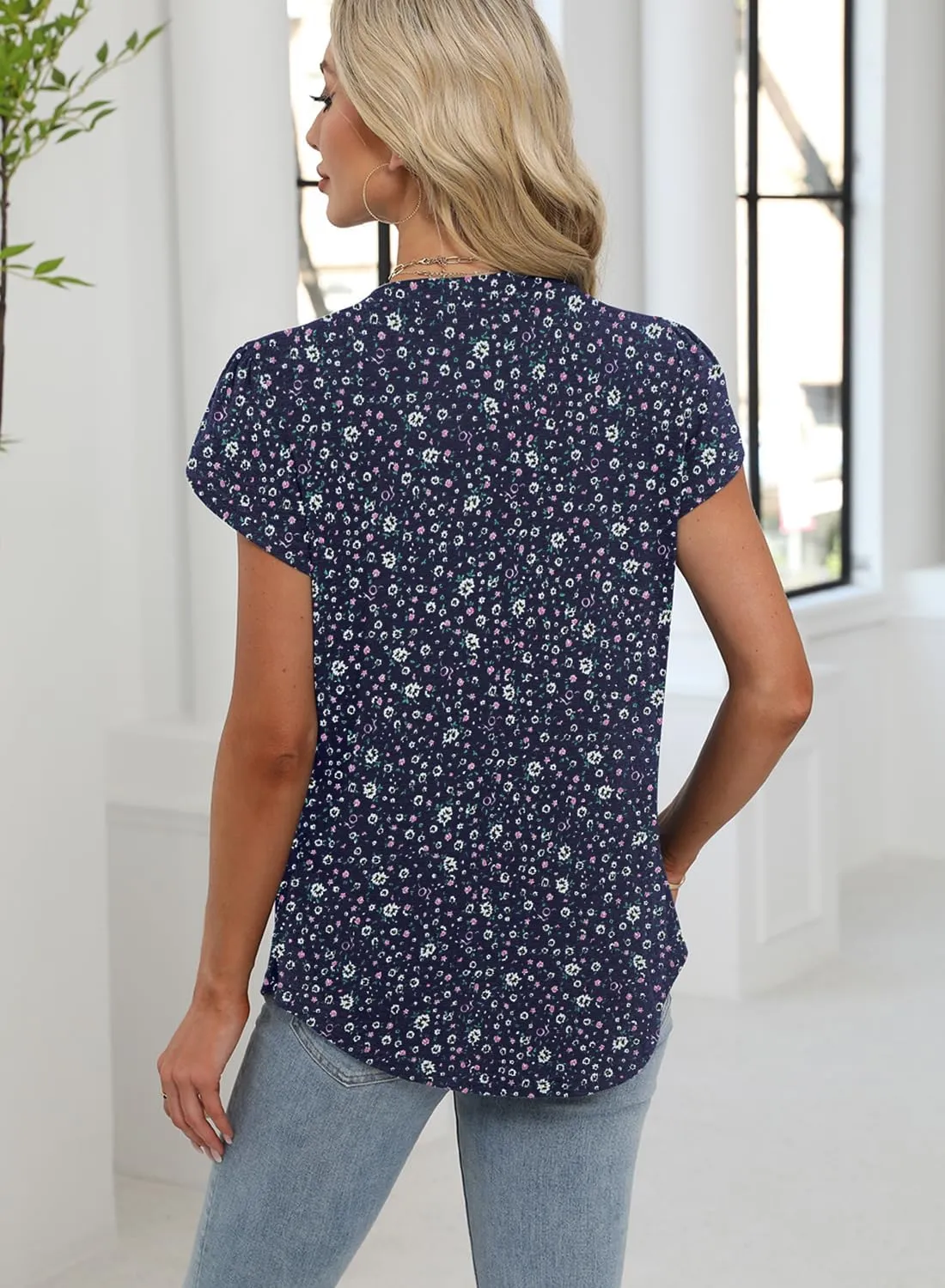 Bluetime Womens Tunic Tops Summer Dressy Casual Blouses V Neck Short Petal Sleeve T-Shirts Front Pleated Shirts for Leggings