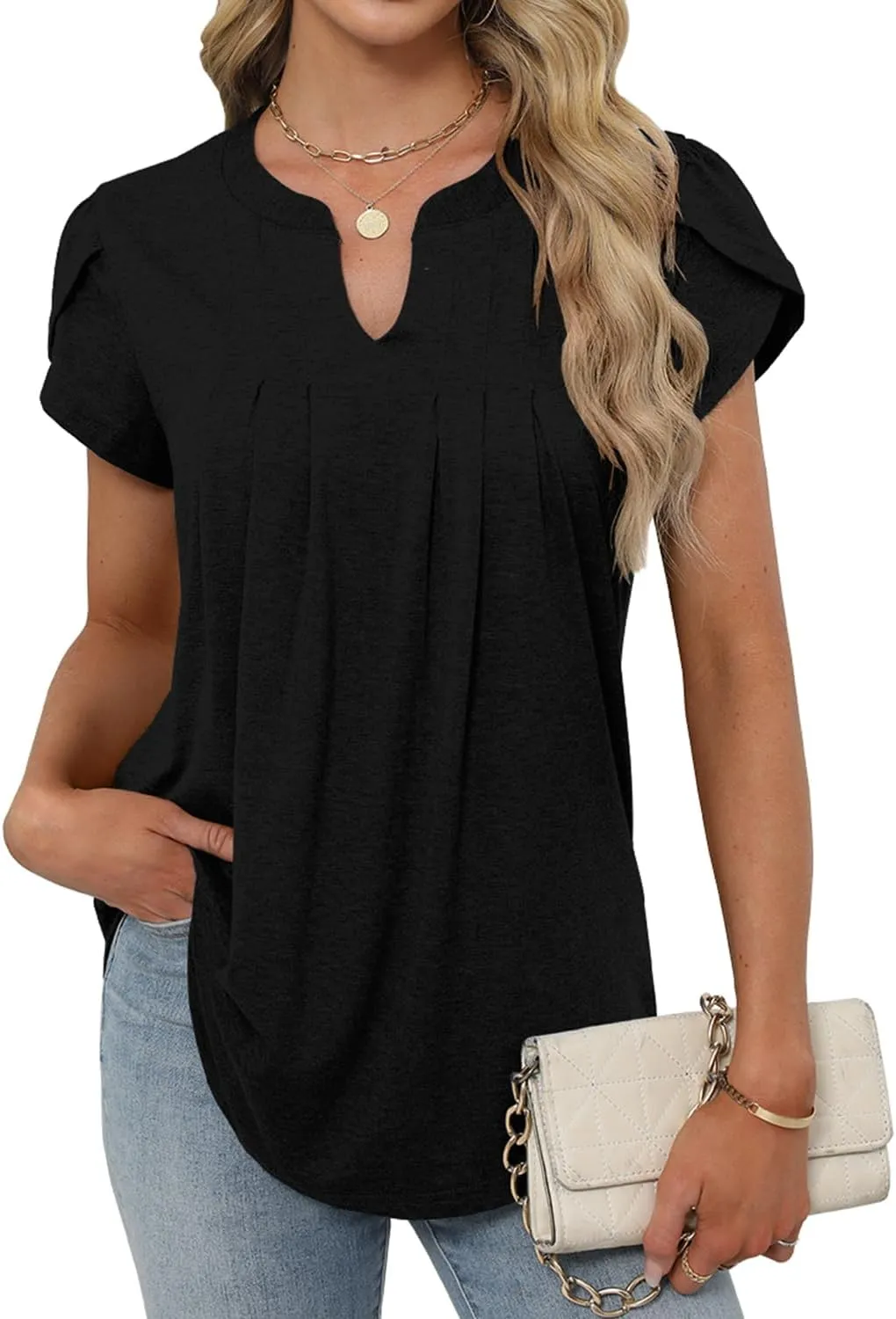Bluetime Womens Tunic Tops Summer Dressy Casual Blouses V Neck Short Petal Sleeve T-Shirts Front Pleated Shirts for Leggings