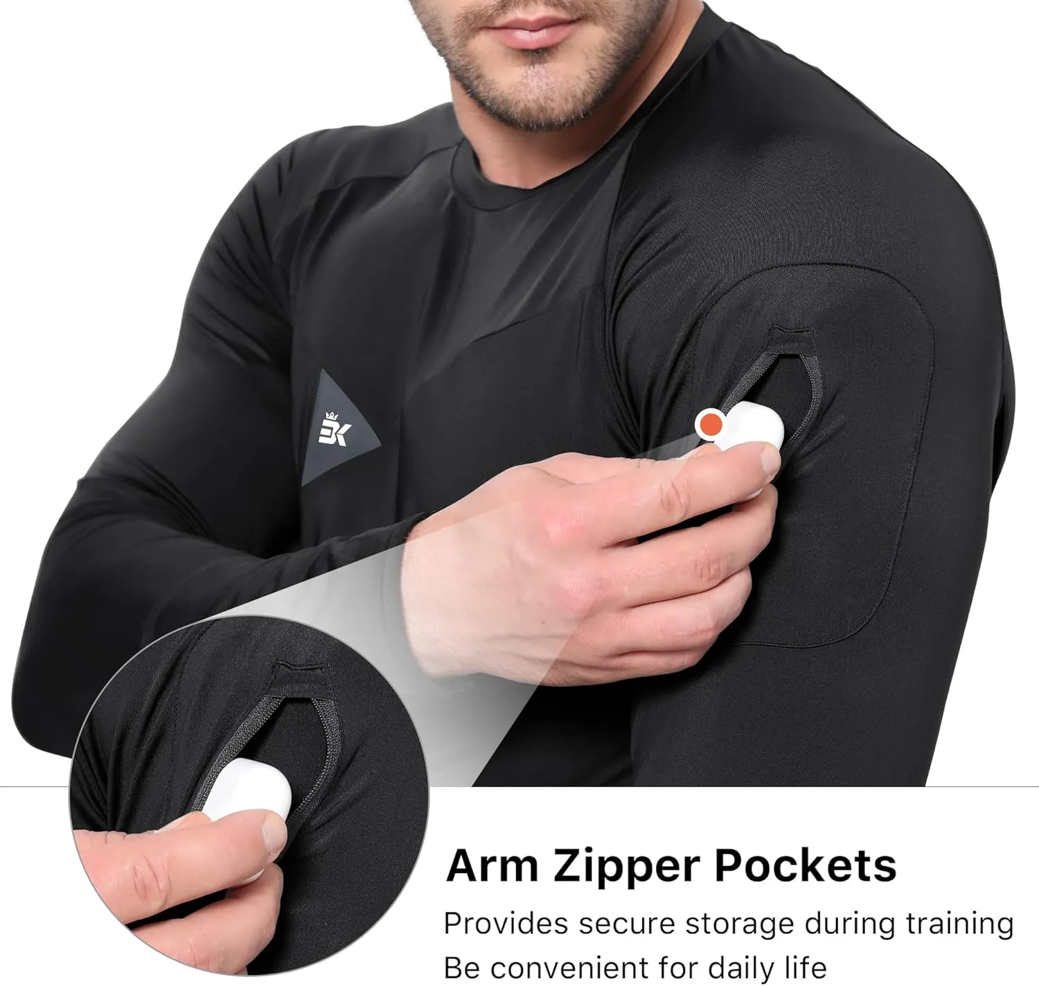 BROKIG Men's Armzip Long Sleeve Running Shirts Quick Dry Sun Protection UV UPF 50  Jogging T Shirts Zip Pocket Gym Workout