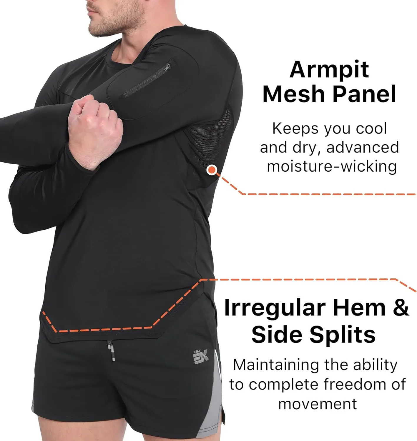 BROKIG Men's Armzip Long Sleeve Running Shirts Quick Dry Sun Protection UV UPF 50  Jogging T Shirts Zip Pocket Gym Workout