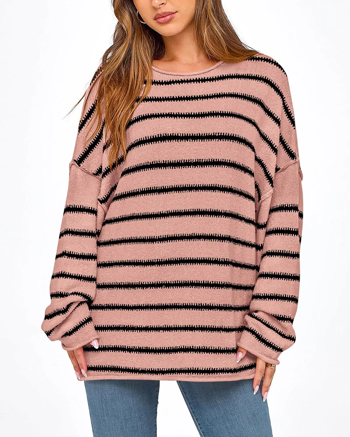 BTFBM Women's Striped Knit Sweaters 2025 Spring Fall Boat Neck Off Shoulder Long Sleeve Oversized Casual Pullover Tops