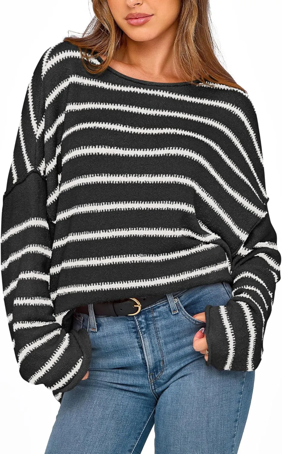 BTFBM Women's Striped Knit Sweaters 2025 Spring Fall Boat Neck Off Shoulder Long Sleeve Oversized Casual Pullover Tops
