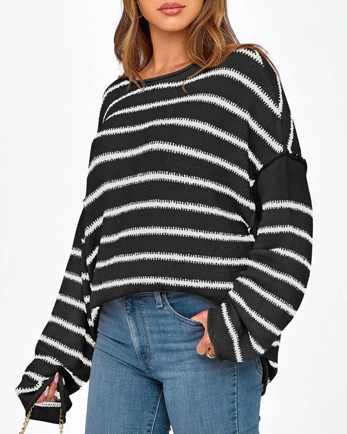 BTFBM Women's Striped Knit Sweaters 2025 Spring Fall Boat Neck Off Shoulder Long Sleeve Oversized Casual Pullover Tops