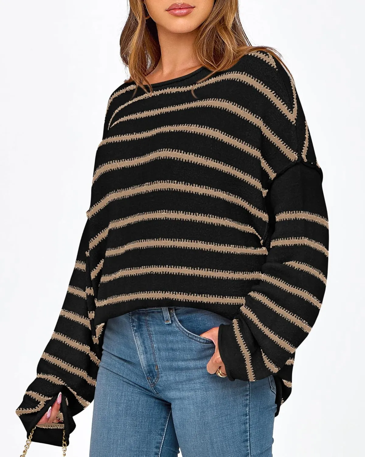 BTFBM Women's Striped Knit Sweaters 2025 Spring Fall Boat Neck Off Shoulder Long Sleeve Oversized Casual Pullover Tops