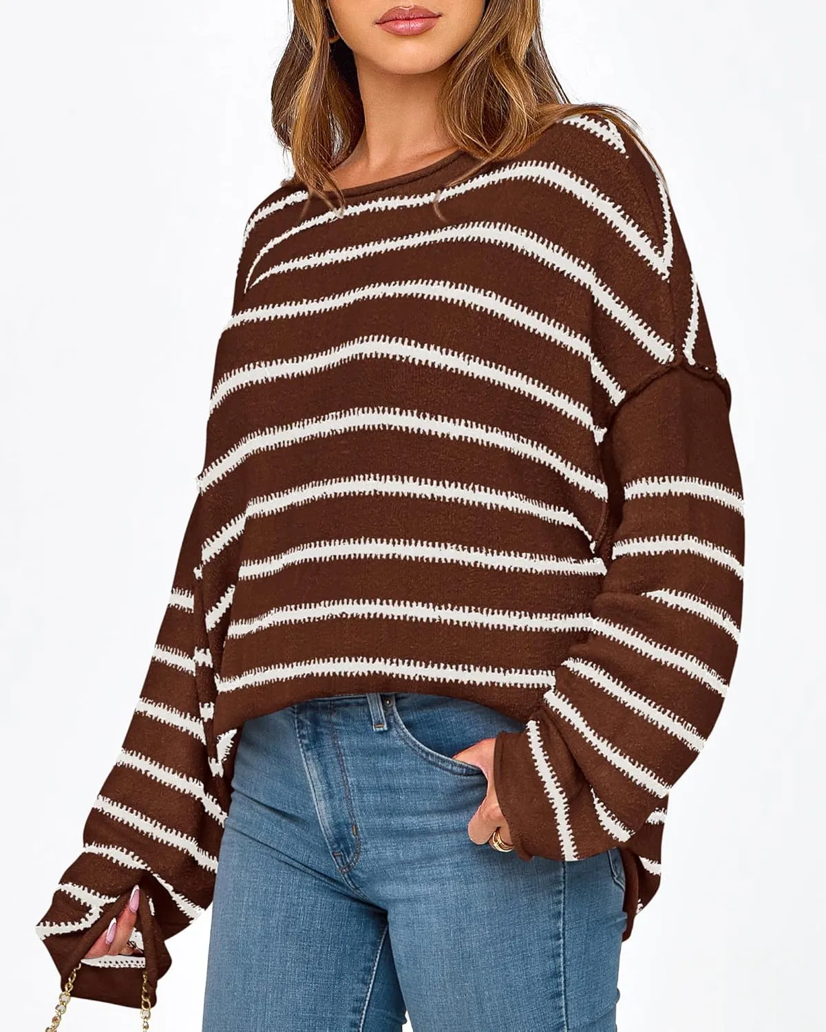 BTFBM Women's Striped Knit Sweaters 2025 Spring Fall Boat Neck Off Shoulder Long Sleeve Oversized Casual Pullover Tops