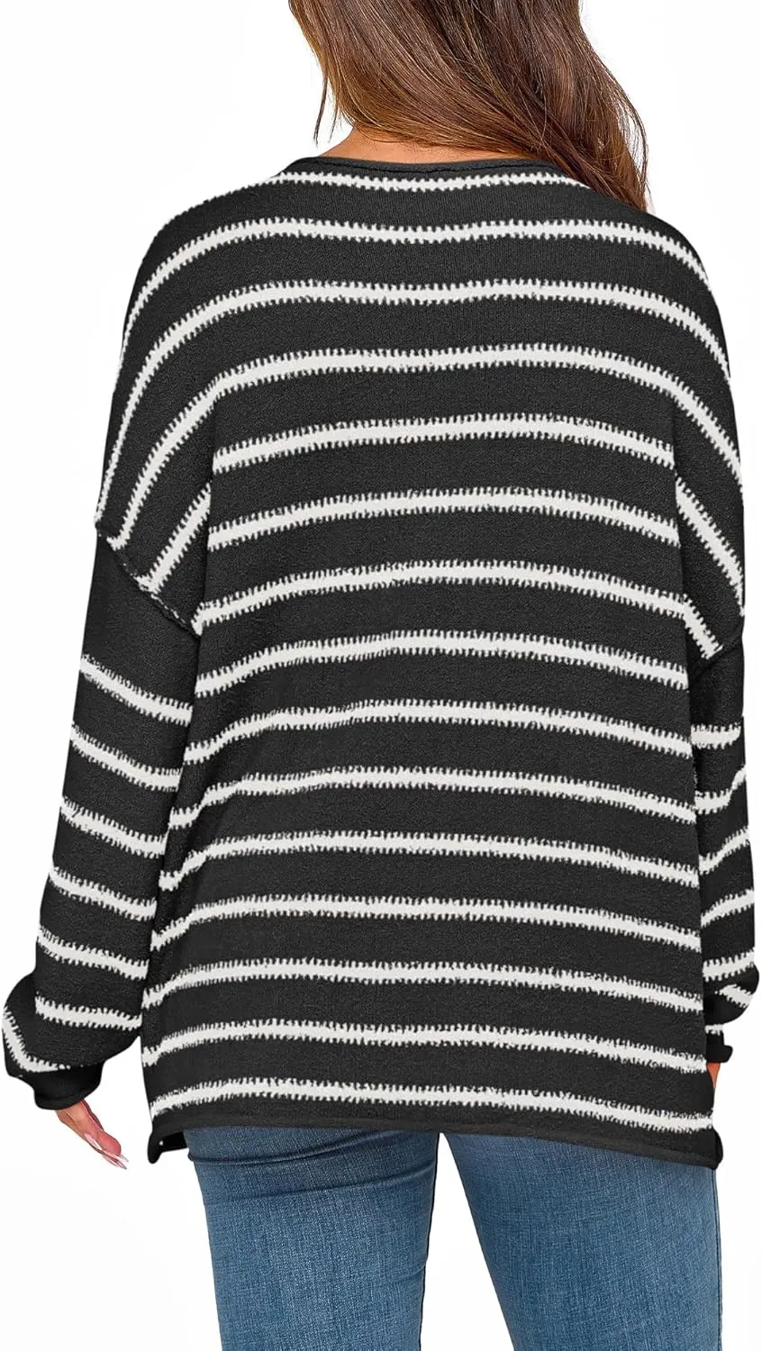 BTFBM Women's Striped Knit Sweaters 2025 Spring Fall Boat Neck Off Shoulder Long Sleeve Oversized Casual Pullover Tops
