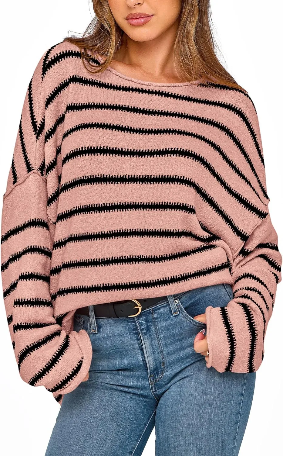 BTFBM Women's Striped Knit Sweaters 2025 Spring Fall Boat Neck Off Shoulder Long Sleeve Oversized Casual Pullover Tops