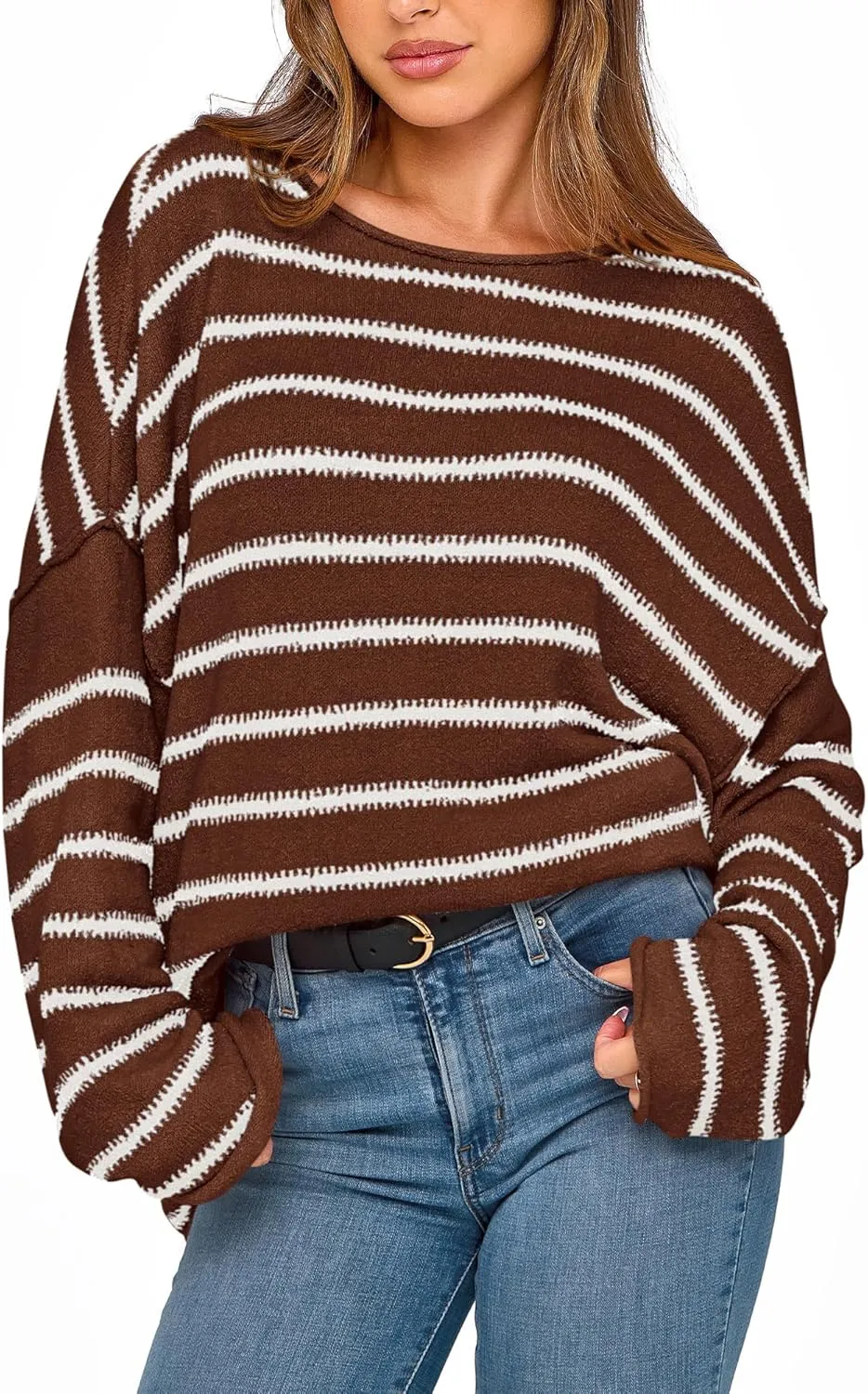 BTFBM Women's Striped Knit Sweaters 2025 Spring Fall Boat Neck Off Shoulder Long Sleeve Oversized Casual Pullover Tops