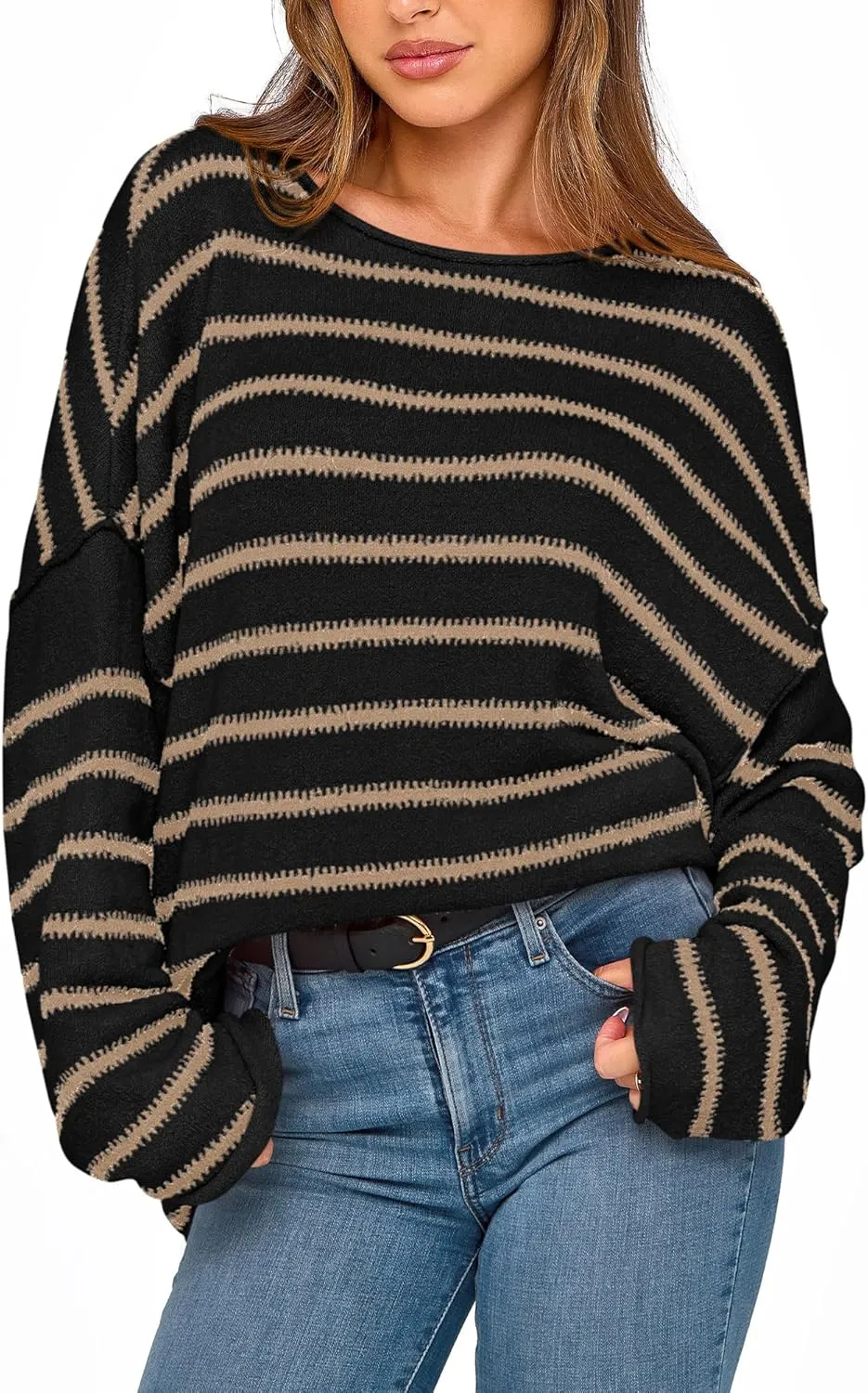 BTFBM Women's Striped Knit Sweaters 2025 Spring Fall Boat Neck Off Shoulder Long Sleeve Oversized Casual Pullover Tops