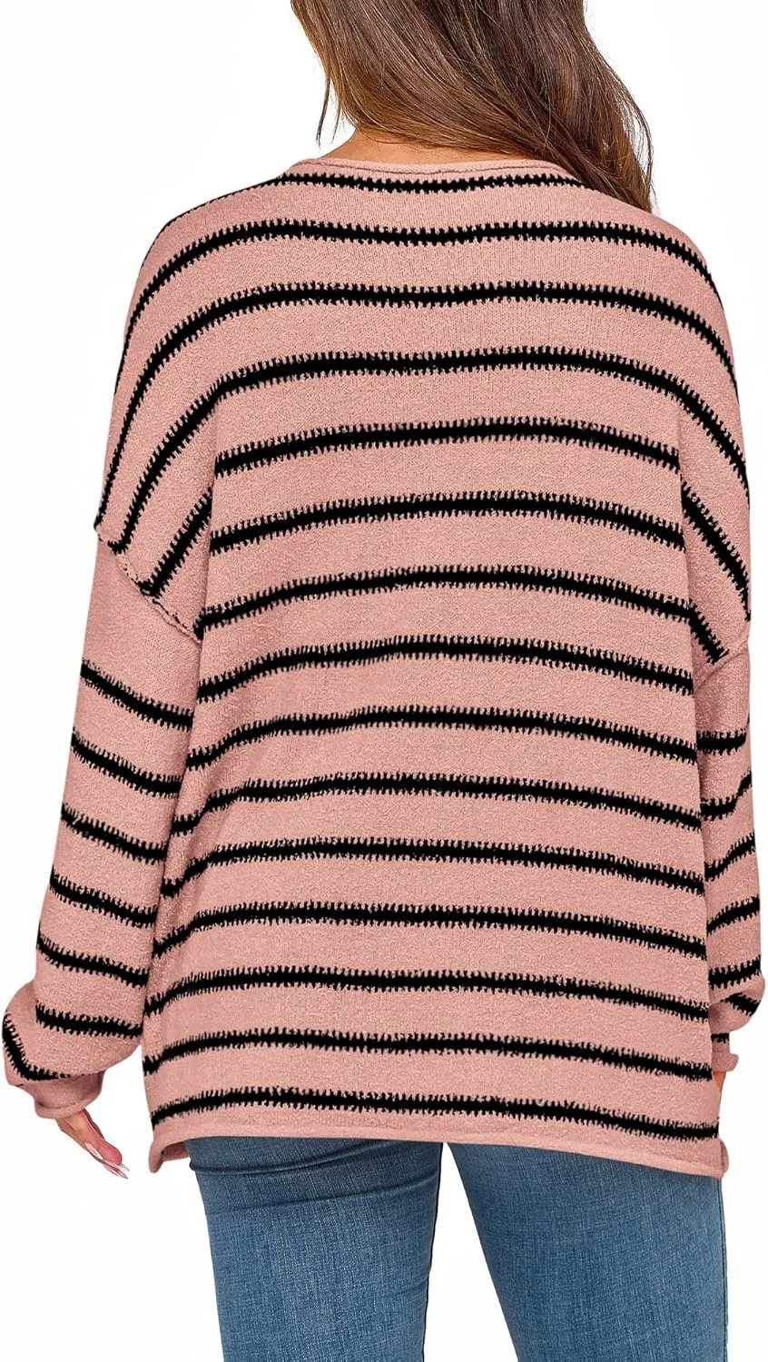 BTFBM Women's Striped Knit Sweaters 2025 Spring Fall Boat Neck Off Shoulder Long Sleeve Oversized Casual Pullover Tops