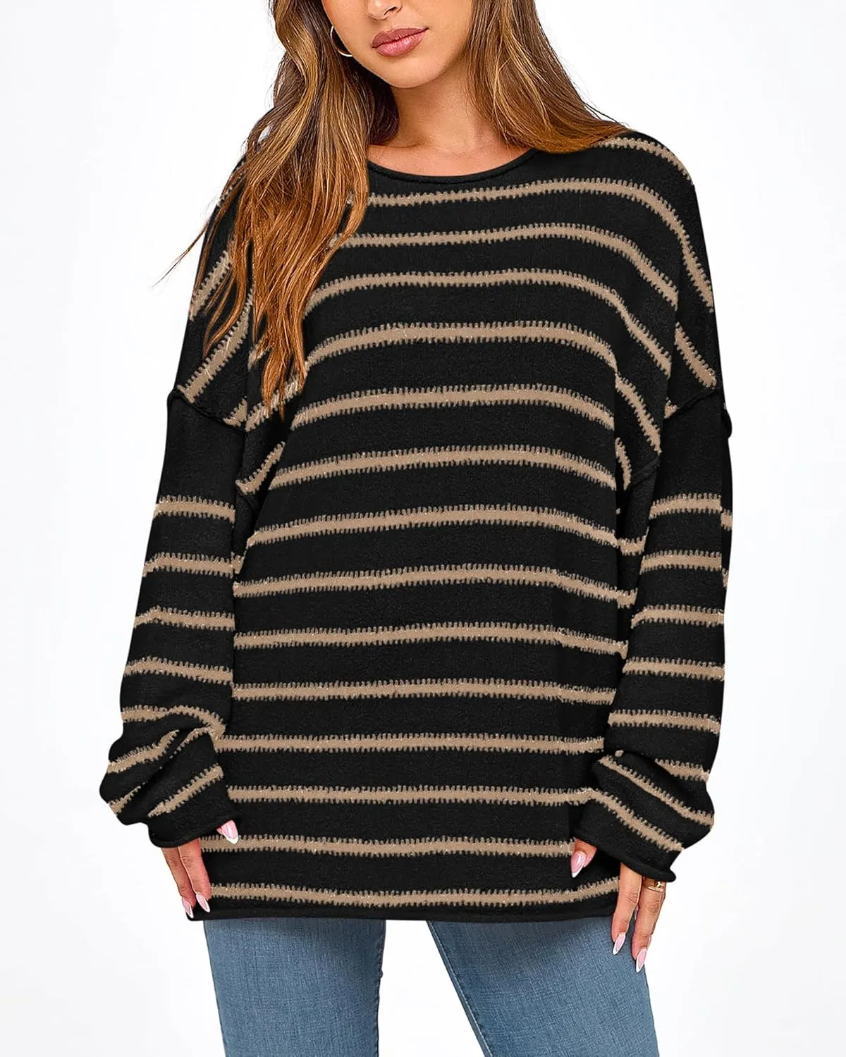 BTFBM Women's Striped Knit Sweaters 2025 Spring Fall Boat Neck Off Shoulder Long Sleeve Oversized Casual Pullover Tops
