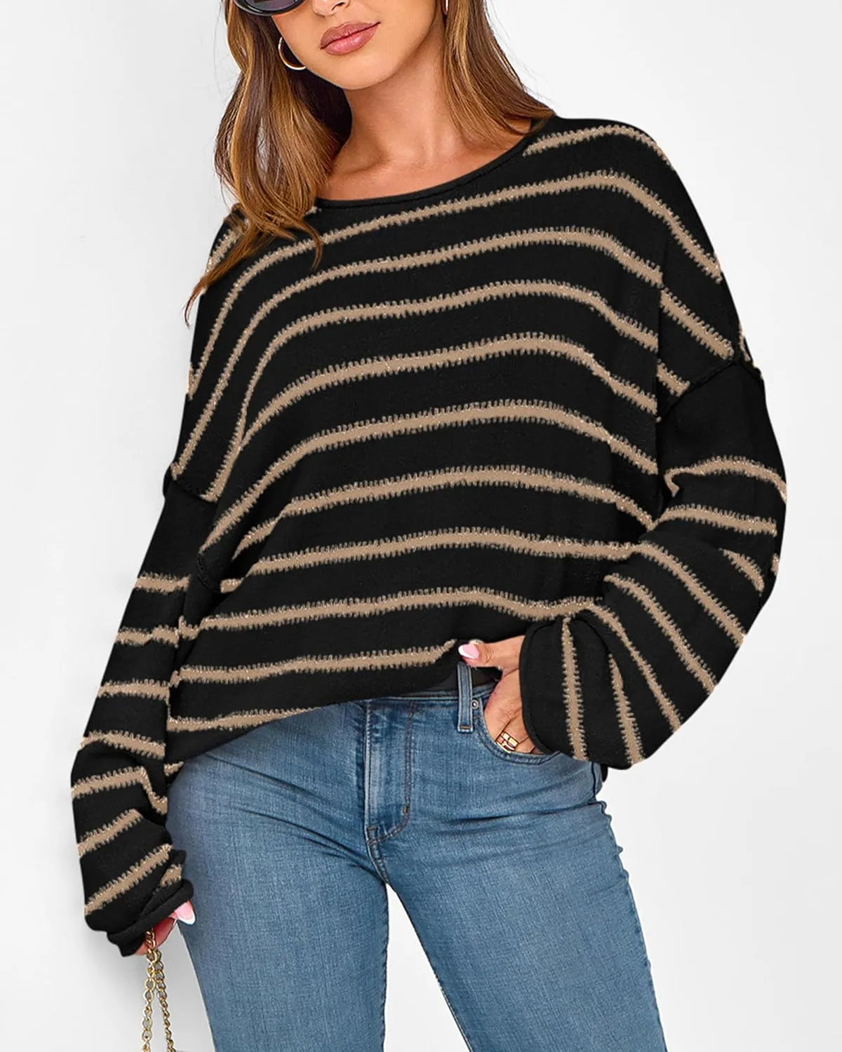 BTFBM Women's Striped Knit Sweaters 2025 Spring Fall Boat Neck Off Shoulder Long Sleeve Oversized Casual Pullover Tops