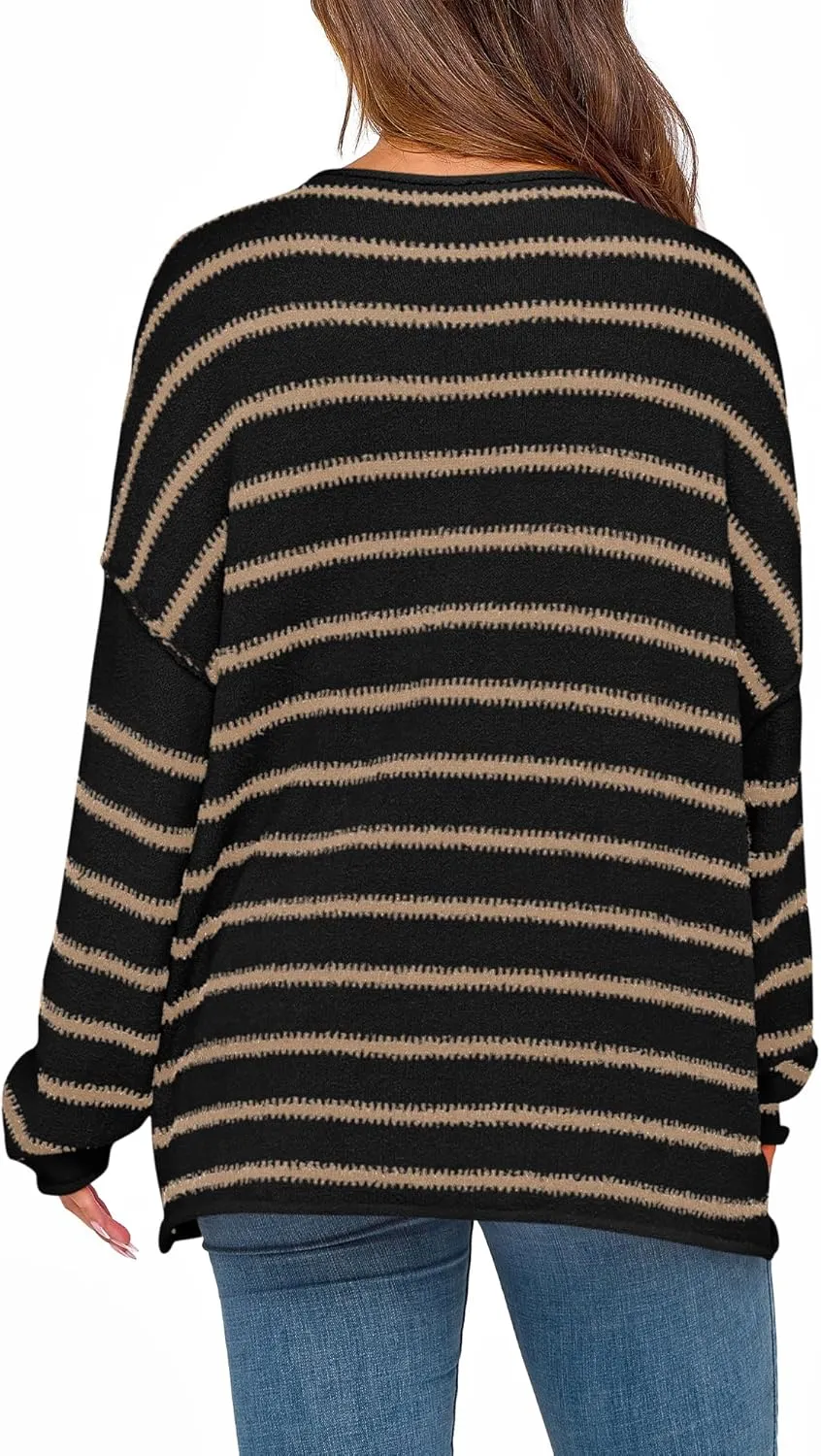 BTFBM Women's Striped Knit Sweaters 2025 Spring Fall Boat Neck Off Shoulder Long Sleeve Oversized Casual Pullover Tops