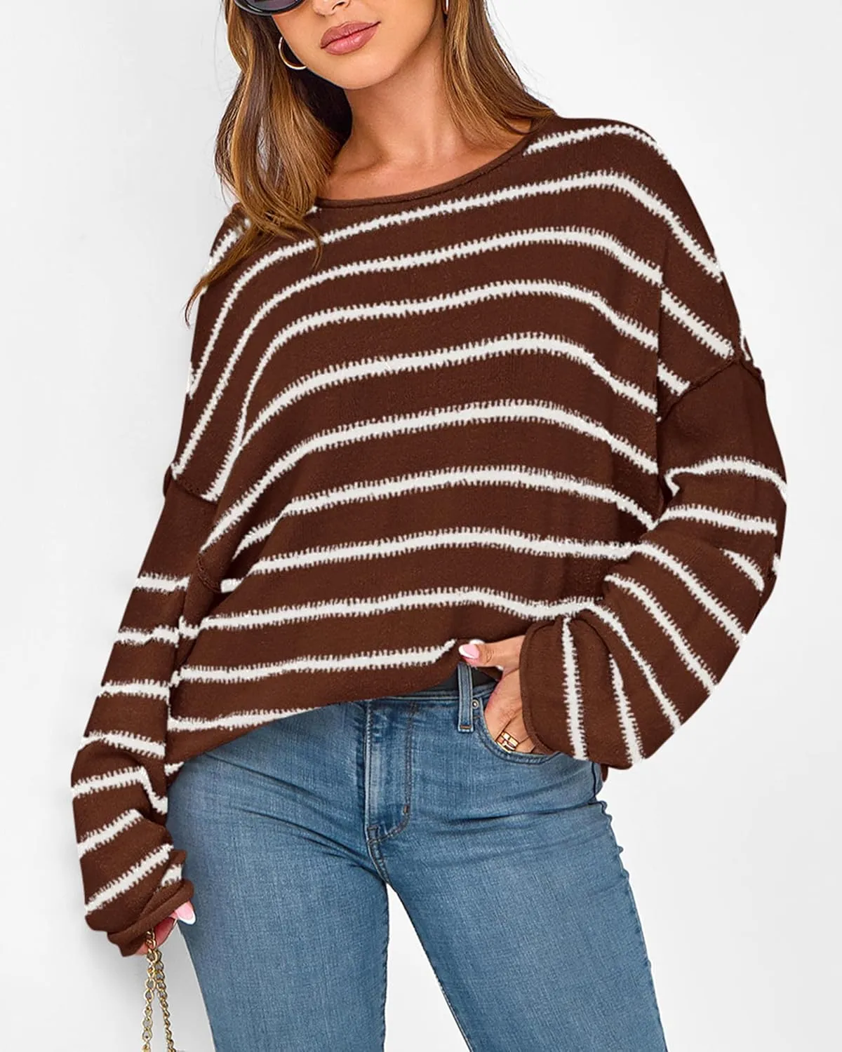 BTFBM Women's Striped Knit Sweaters 2025 Spring Fall Boat Neck Off Shoulder Long Sleeve Oversized Casual Pullover Tops