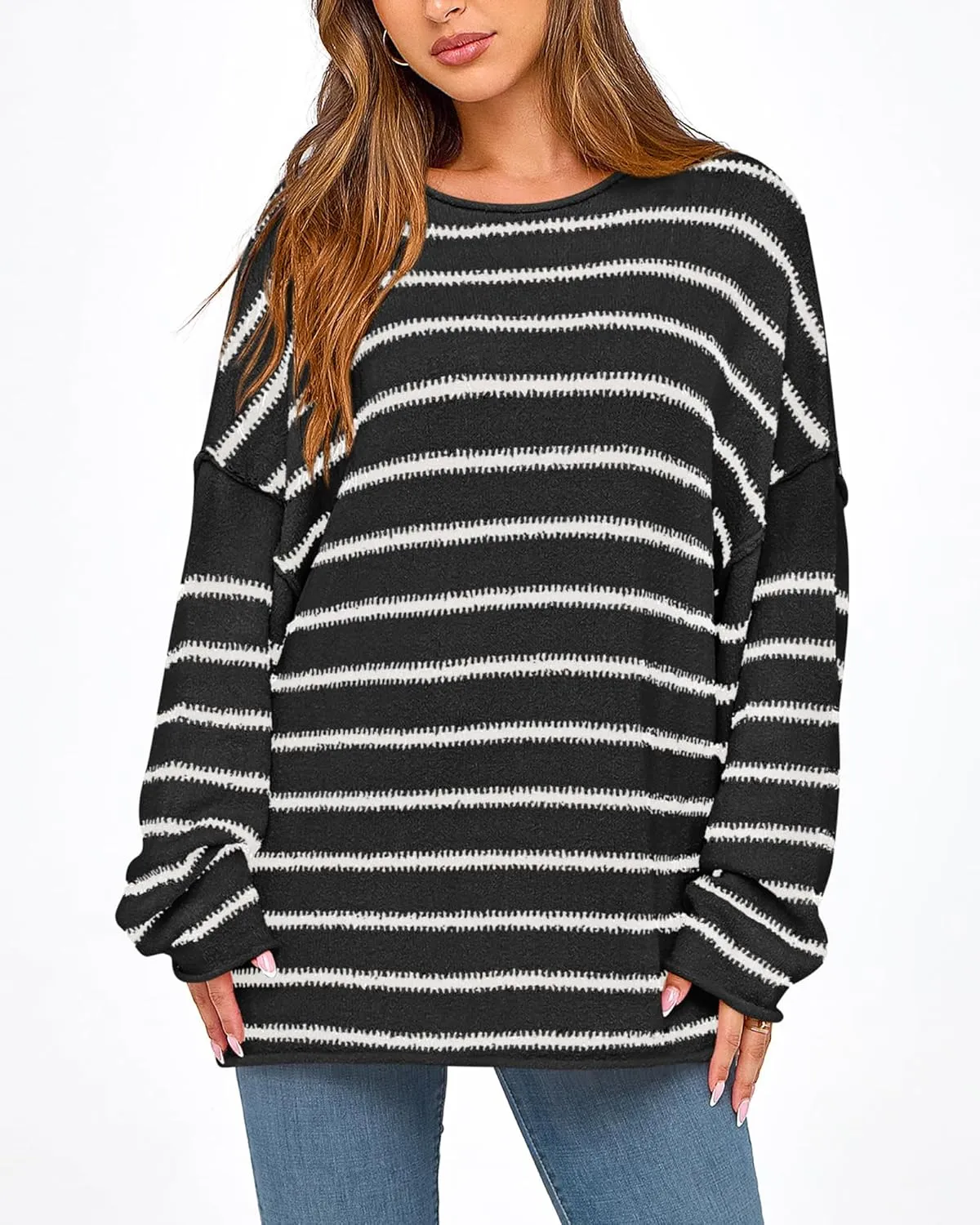 BTFBM Women's Striped Knit Sweaters 2025 Spring Fall Boat Neck Off Shoulder Long Sleeve Oversized Casual Pullover Tops