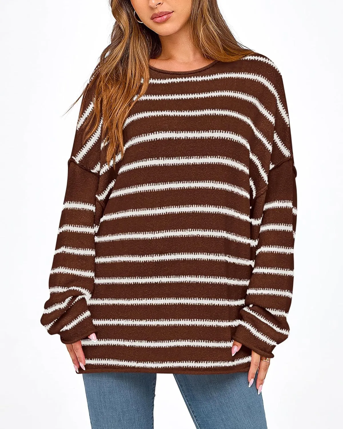 BTFBM Women's Striped Knit Sweaters 2025 Spring Fall Boat Neck Off Shoulder Long Sleeve Oversized Casual Pullover Tops
