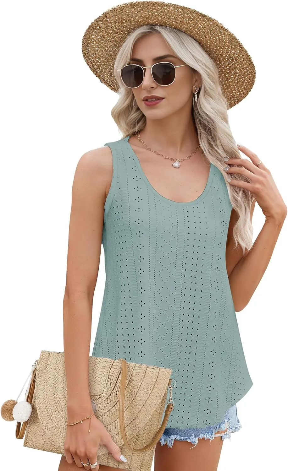 Buauty Women's Tank Tops Sleeveless Camisoles Eyelet Embroidery Shirts Summer Scoop Neck Flowy Loose Fit Dressy Casual Outfit