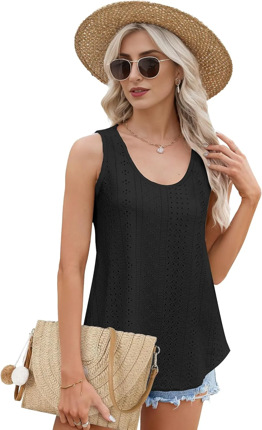 Buauty Women's Tank Tops Sleeveless Camisoles Eyelet Embroidery Shirts Summer Scoop Neck Flowy Loose Fit Dressy Casual Outfit